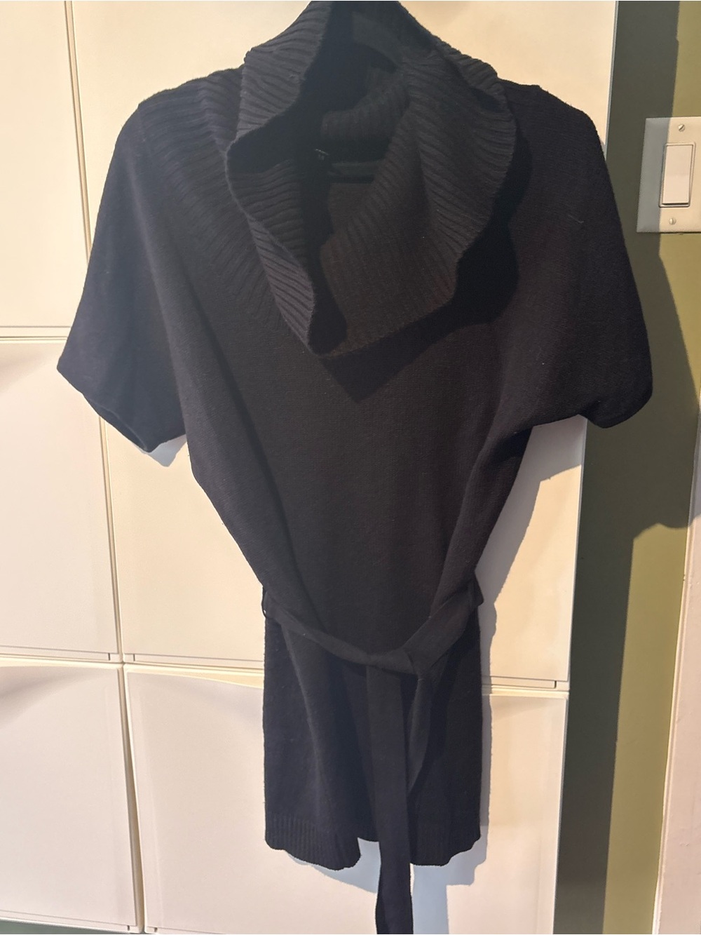 Black Short-Sleeve Cowl Neck Knit Sweater with Belt